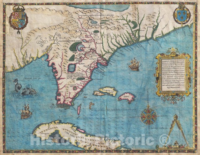 Historic Map | De Bry and Le Moyne Map of Florida and Cuba, 1591 | Vintage Wall Art | 18in x 24in