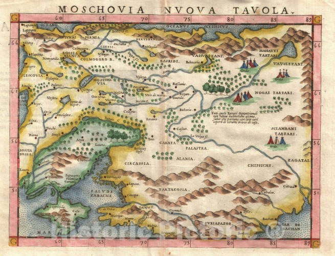 Historic Map | Ruscelli Map of Russia (Muscovy) and Ukraine, 1574 | Vintage Wall Art | 18in x 24in
