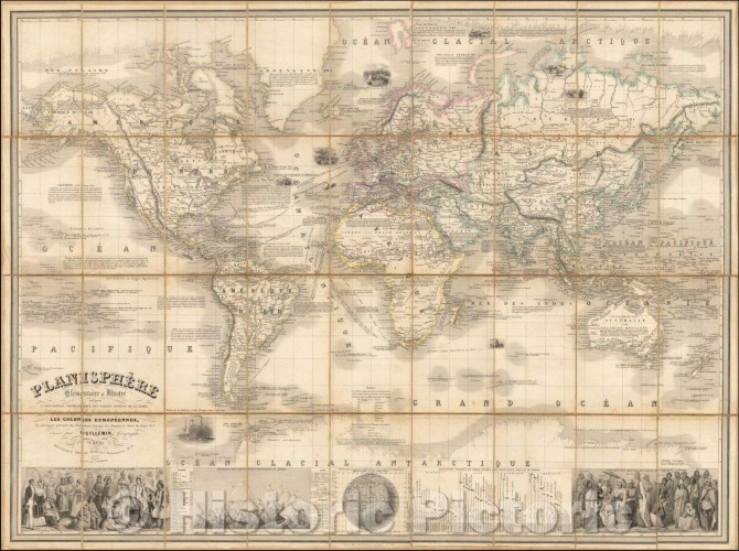 Historic Map | Planisphere Elementaire et Illustre Iniquant La Description Geographique Des Parties Connues De La Terre. Les decouvertes maritimes et continentales, 1856 v3
