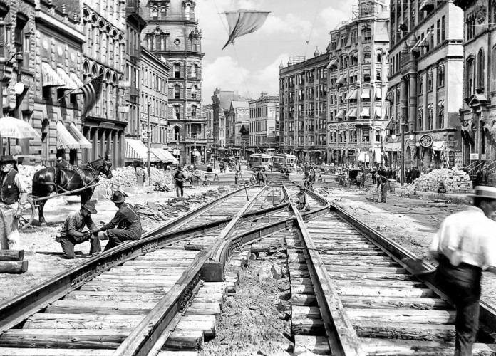 Laying Streetcar Tracks on Exchange Street, c1898